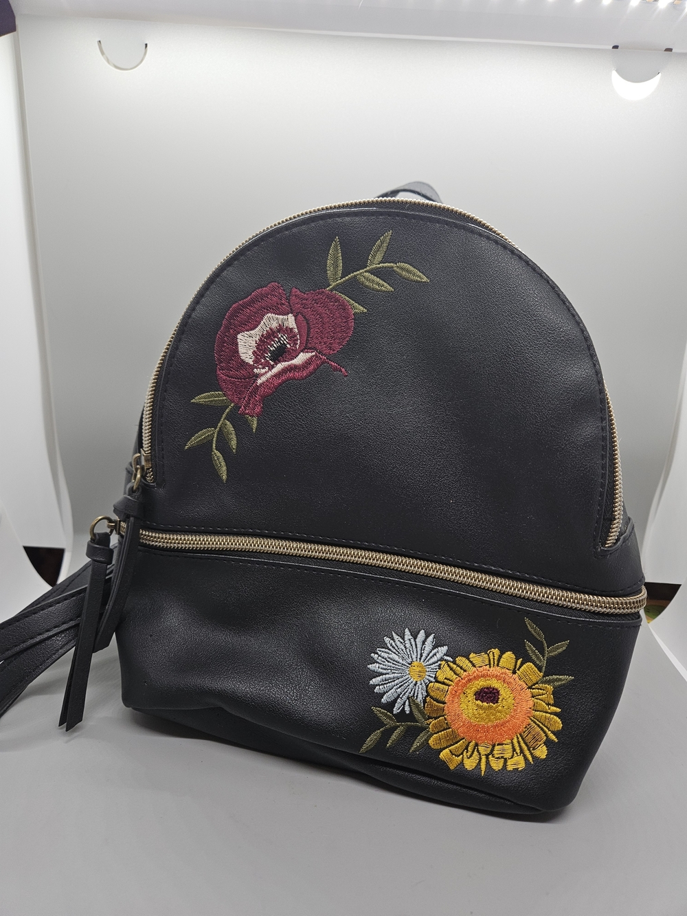 Kohl's Mini Backpack Purse Black Faux Leather Floral Embroidered Boho Daypack